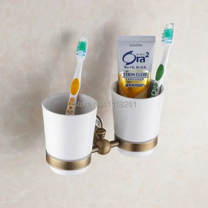 DecorBites™ Brass Toothbrush Holder with 2 Cups Bathroom Accessories Wall Mounted Holder