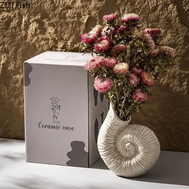 White nautilus conch ceramic vase for bedroom and office decor