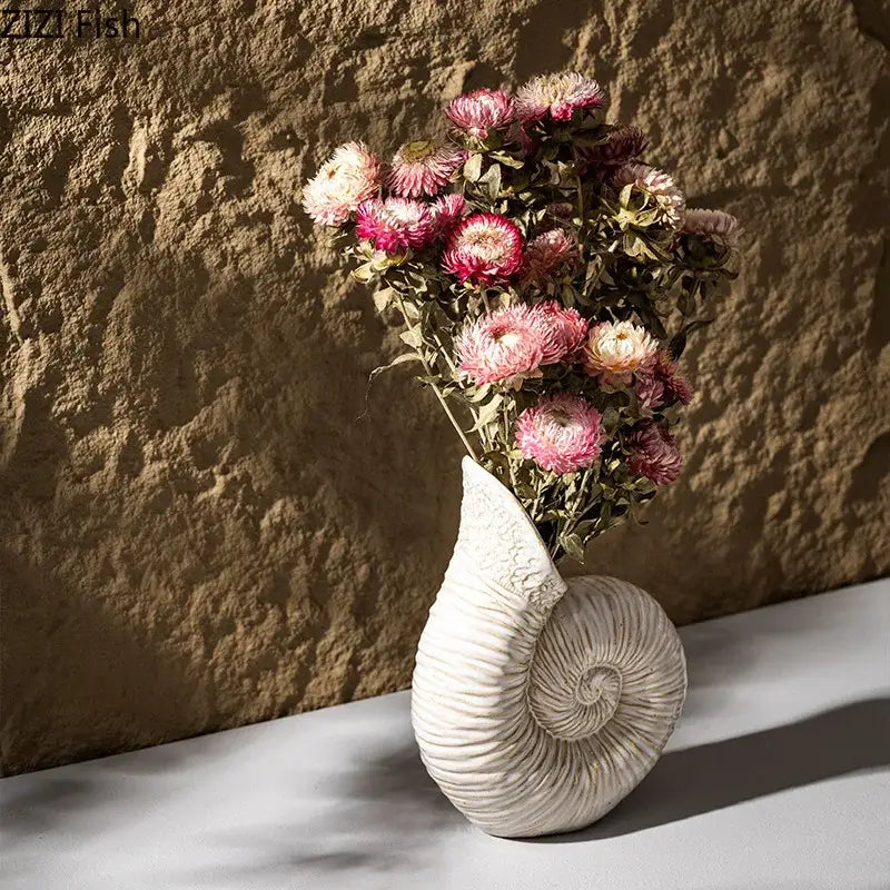 White nautilus conch ceramic vase for bedroom and office decor