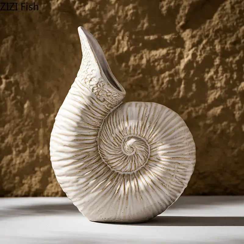 White nautilus conch ceramic vase for bedroom and office decor