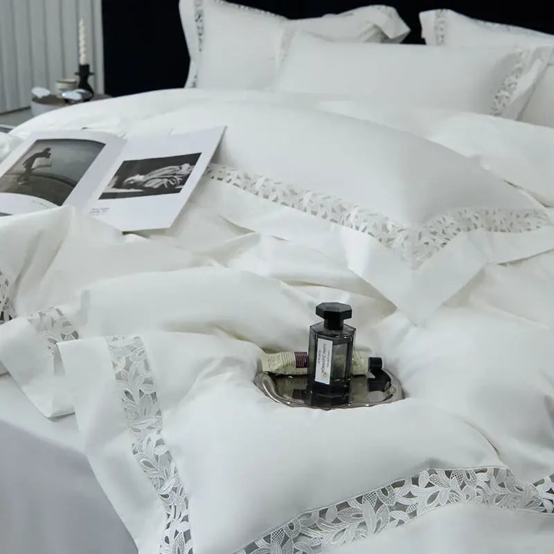 White satin lace 1200tc egyptian cotton bedding set bedroom