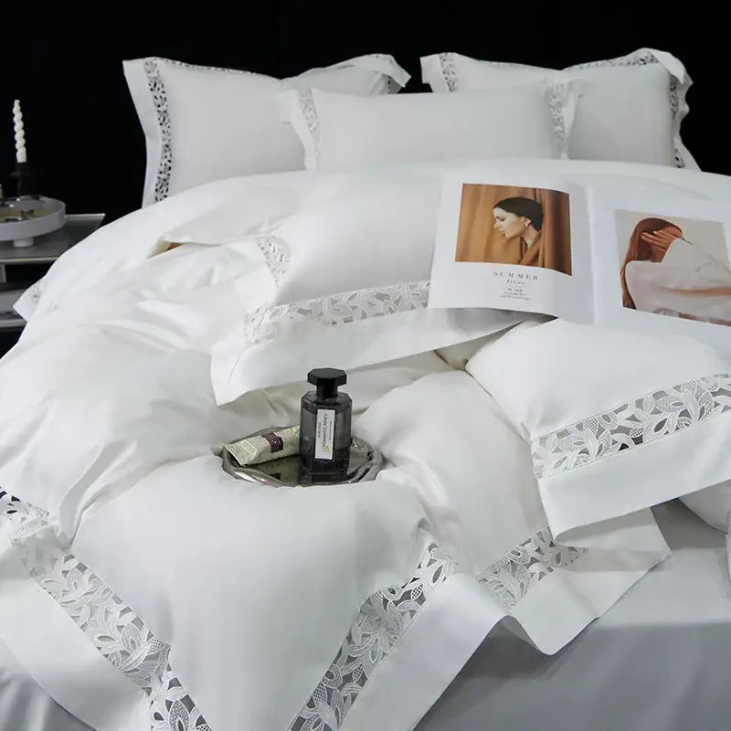 White satin lace 1200tc egyptian cotton bedding set bedroom