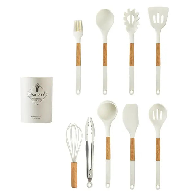 DecorBites™ 10/13 PCS Silicone Kitchen Cookware Set - High Temperature Resistant Non-Stick with Wooden Handle