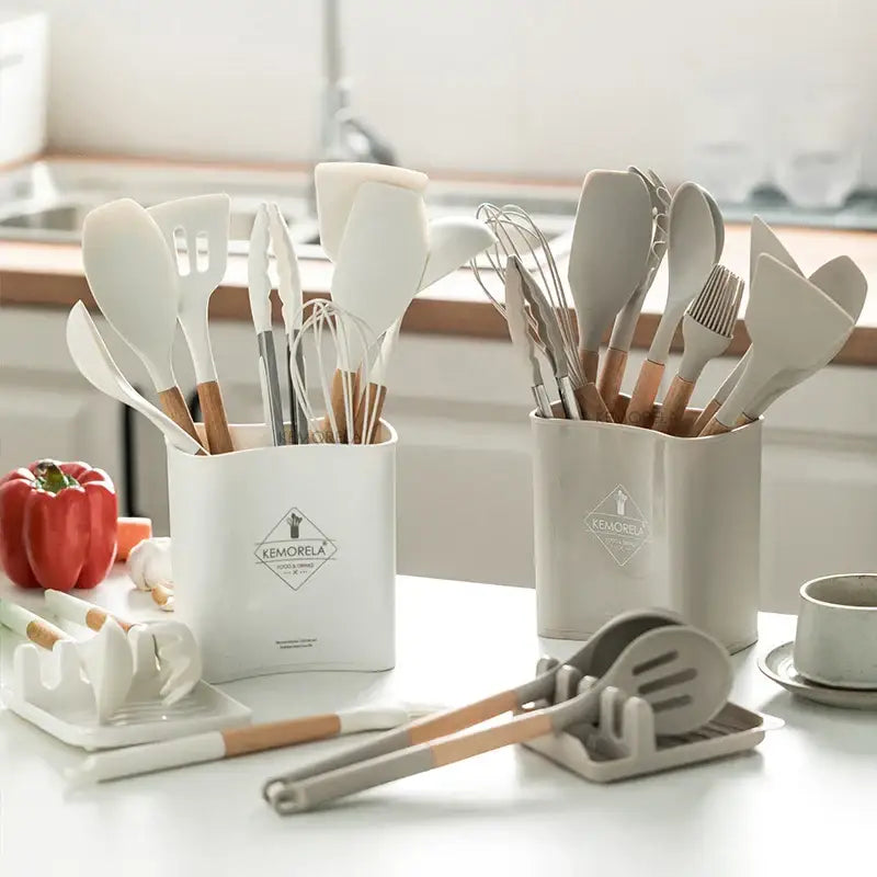 DecorBites™ 10/13 PCS Silicone Kitchen Cookware Set - High Temperature Resistant Non-Stick with Wooden Handle
