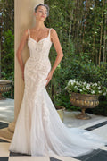 Embroidered Lace Mermaid Bridal Gown with Tulle Bow Train