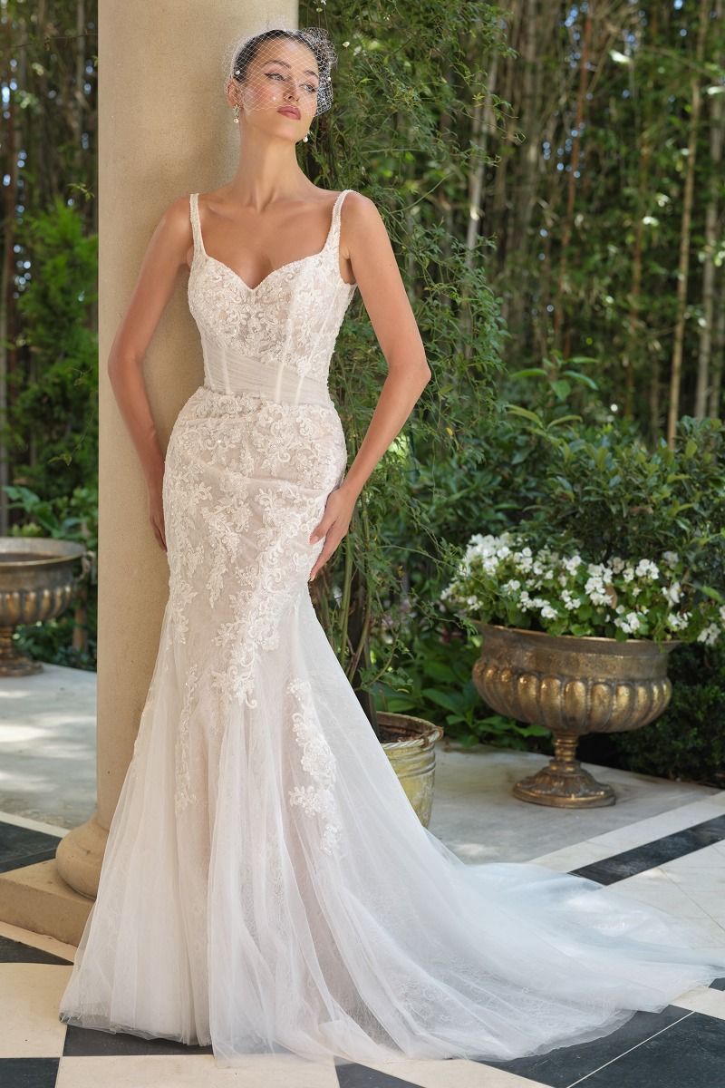 Embroidered Lace Mermaid Bridal Gown with Tulle Bow Train