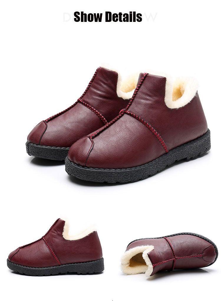 Women Winter Warm Luxury Shoes Waterproof Plush Leather Cotton Shoes Daily Home Non-slip Soft Sole Plush Lining Shoes Warm Fur Lined Booties Lace Up Flat Platform Elegant Comfortable Black Shoes