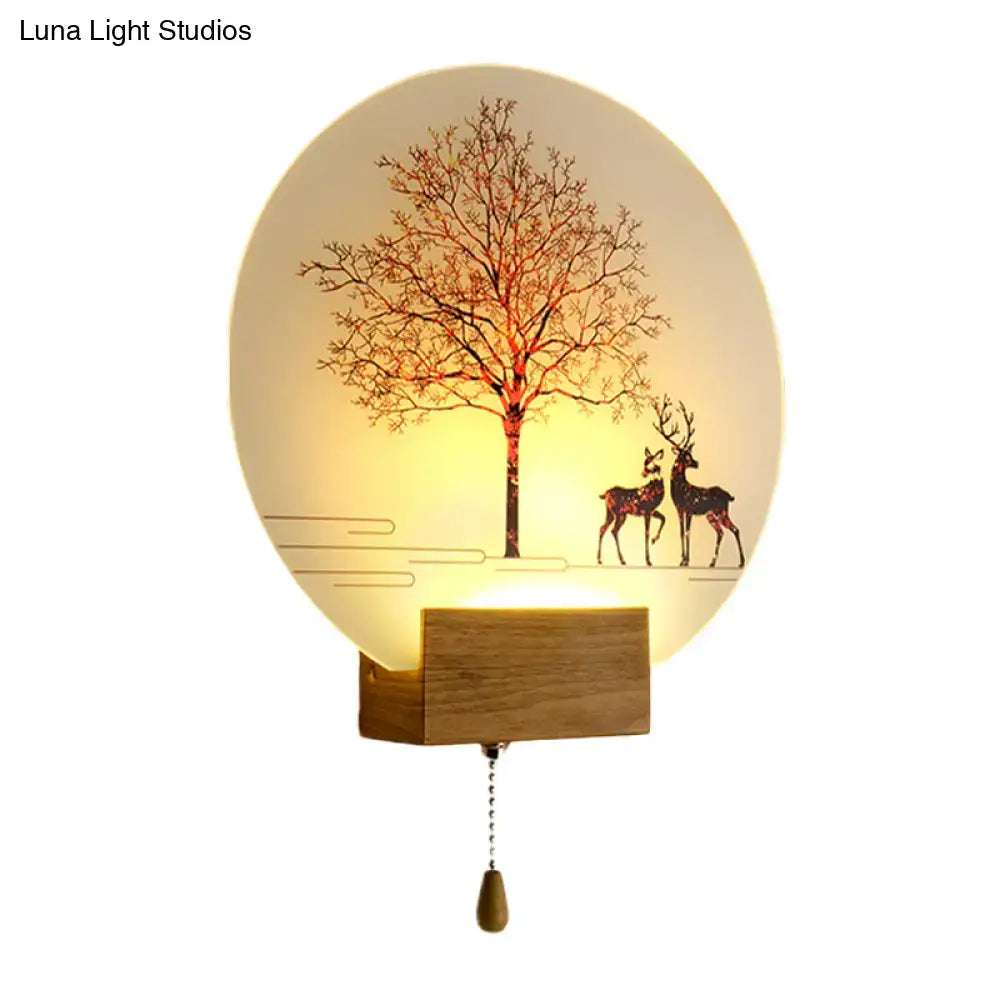 DecorBites™ Nordic Deer Tree Mural LED Wall Sconce in Wood with Pull Chain - Acrylic Workshop Lamp