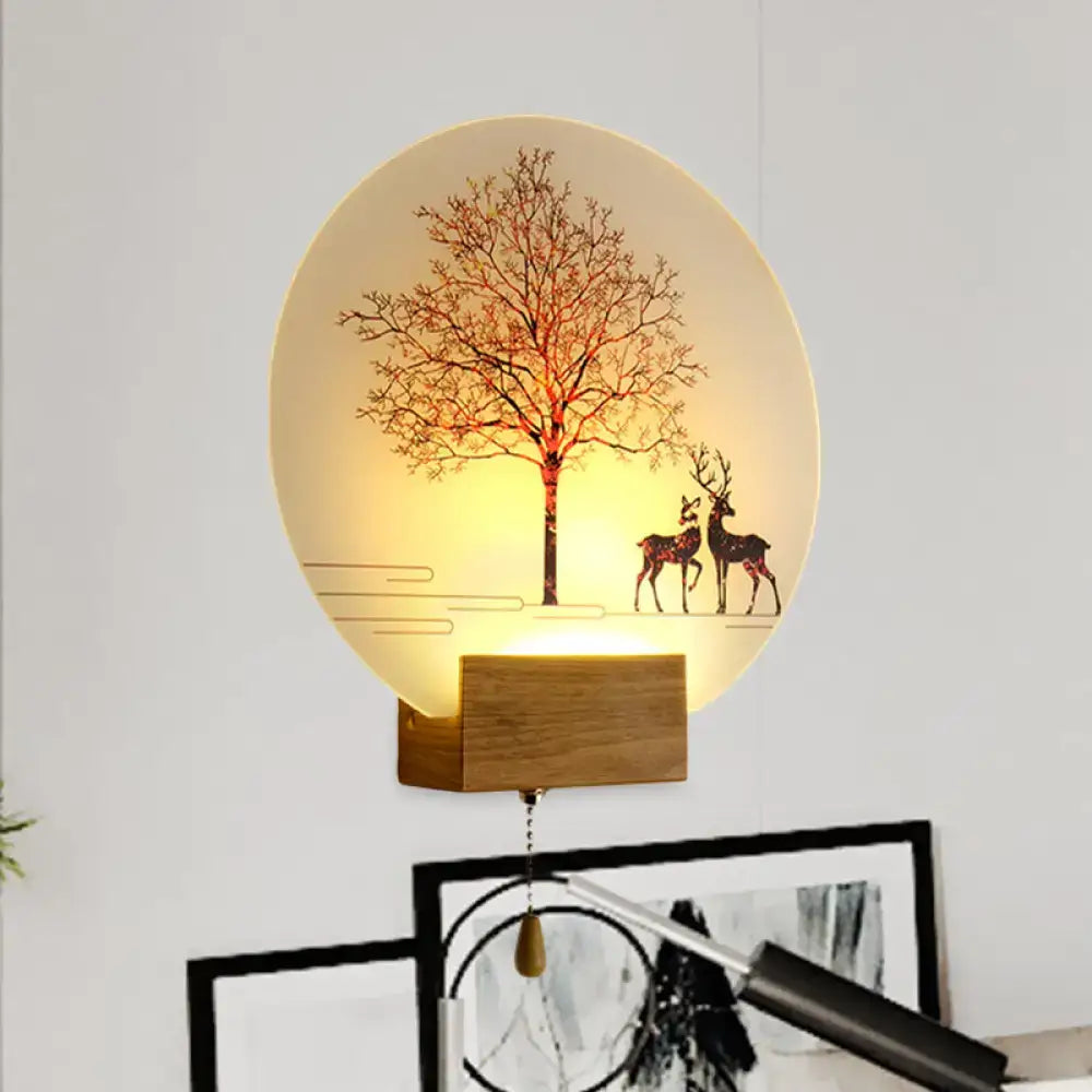 DecorBites™ Nordic Deer Tree Mural LED Wall Sconce in Wood with Pull Chain - Acrylic Workshop Lamp