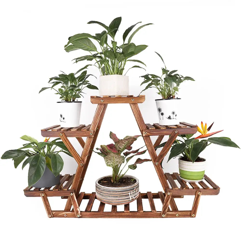 Triangular brown wooden plant stand living room folding shelves