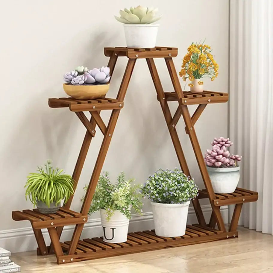 Triangular brown wooden plant stand living room folding shelves