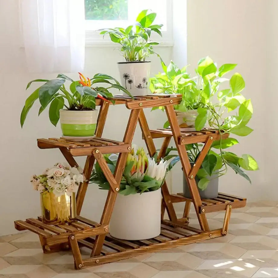 Triangular brown wooden plant stand living room folding shelves