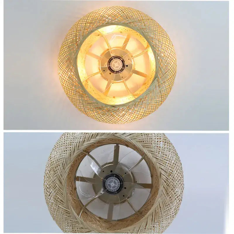 Woven bamboo ceiling fan with retractable blades – bedroom light