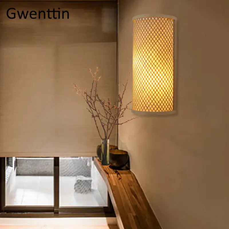 Woven bamboo wall lights sconces for bedroom warm gold glow