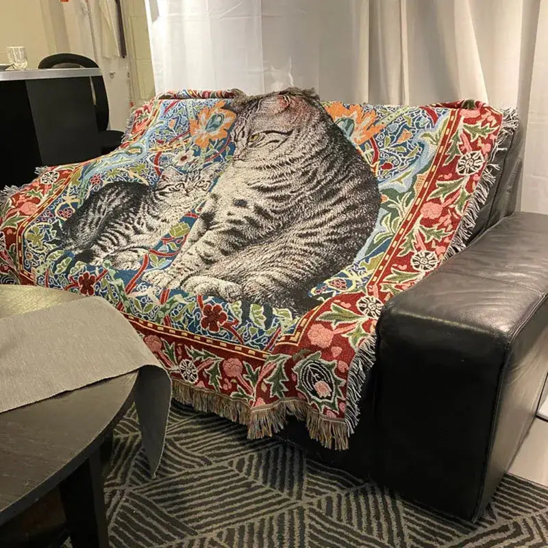 Woven colorful cat oil painting blanket bedroom throw decor