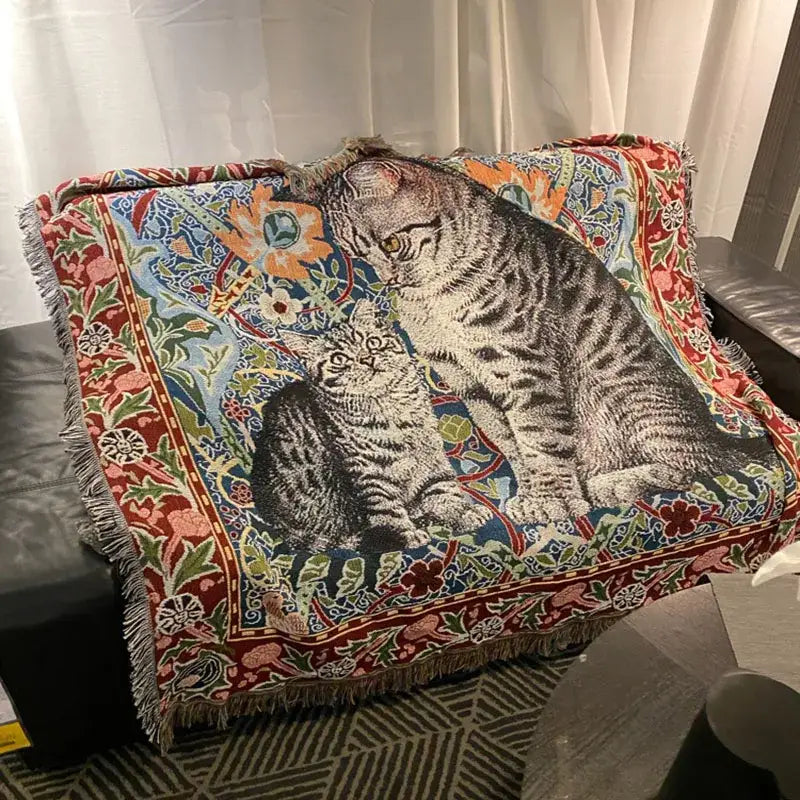 Woven colorful cat oil painting blanket bedroom throw decor