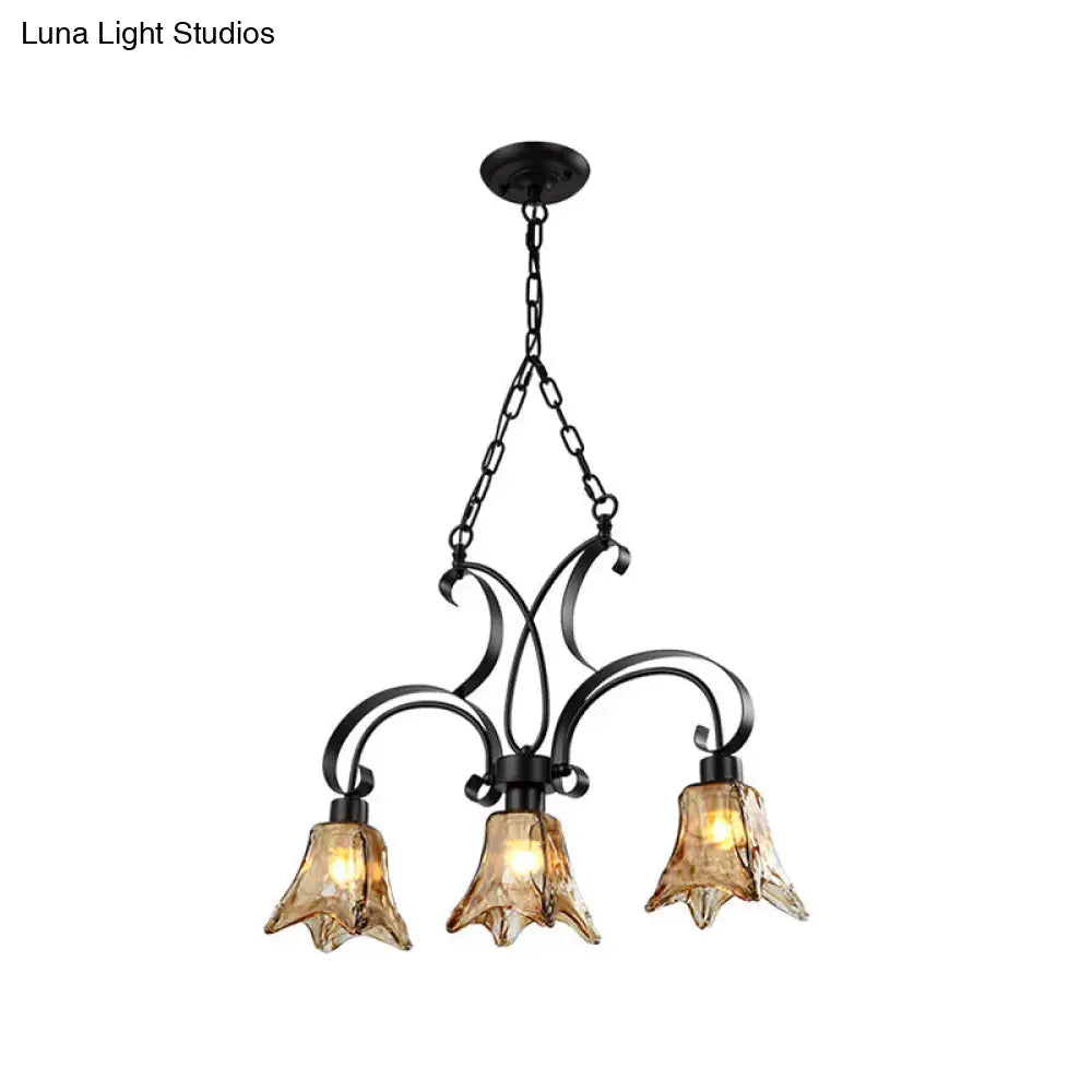 DecorBites™ Black Flower Island Pendant with Textured Glass - Perfect for Dining Room - 3 Bulb Hanging Ceiling Light