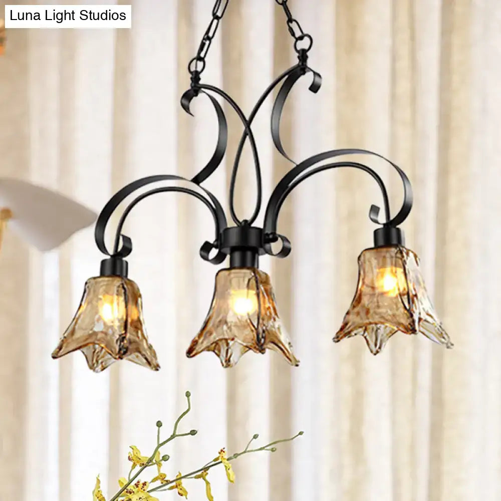DecorBites™ Black Flower Island Pendant with Textured Glass - Perfect for Dining Room - 3 Bulb Hanging Ceiling Light