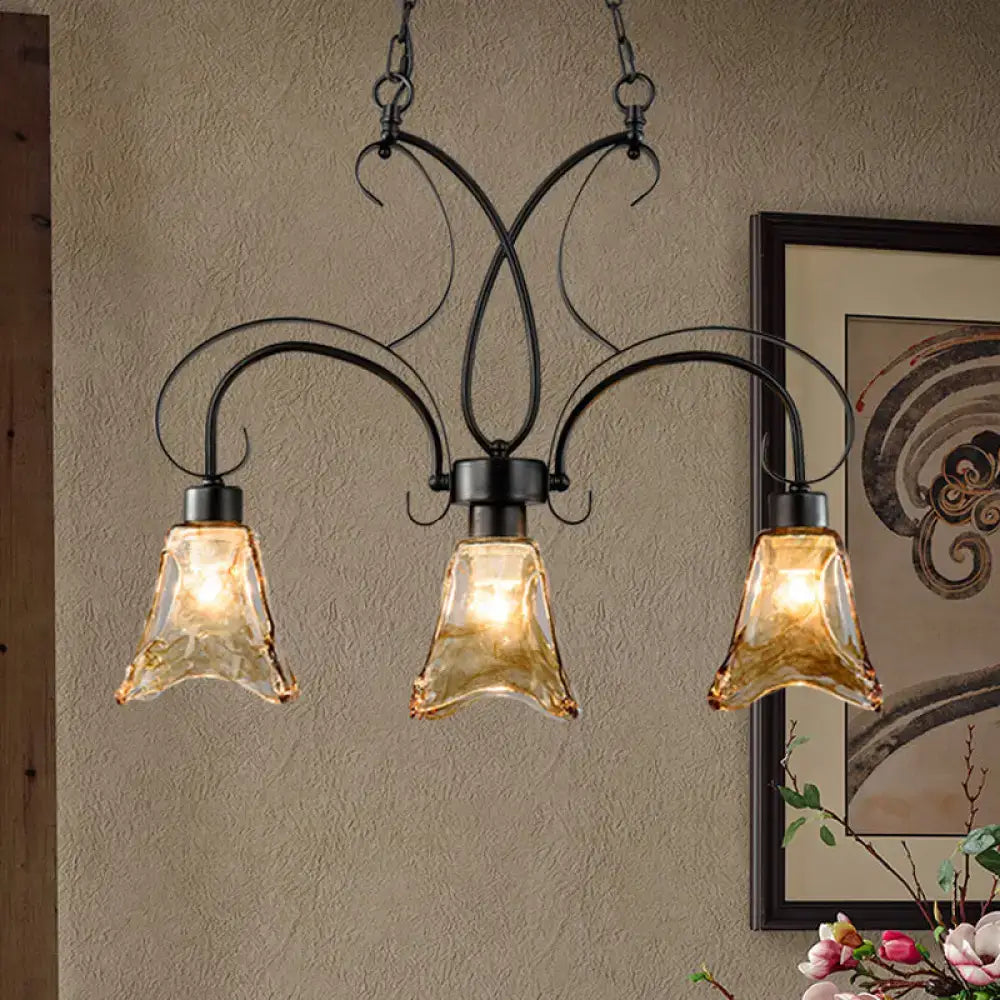 DecorBites™ Black Flower Island Pendant with Textured Glass - Perfect for Dining Room - 3 Bulb Hanging Ceiling Light