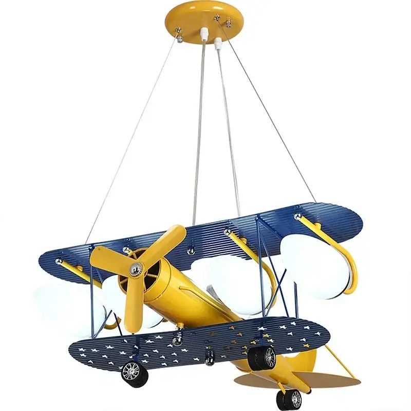 Yellow and blue biplane airplane chandelier led lights for boys bedroom