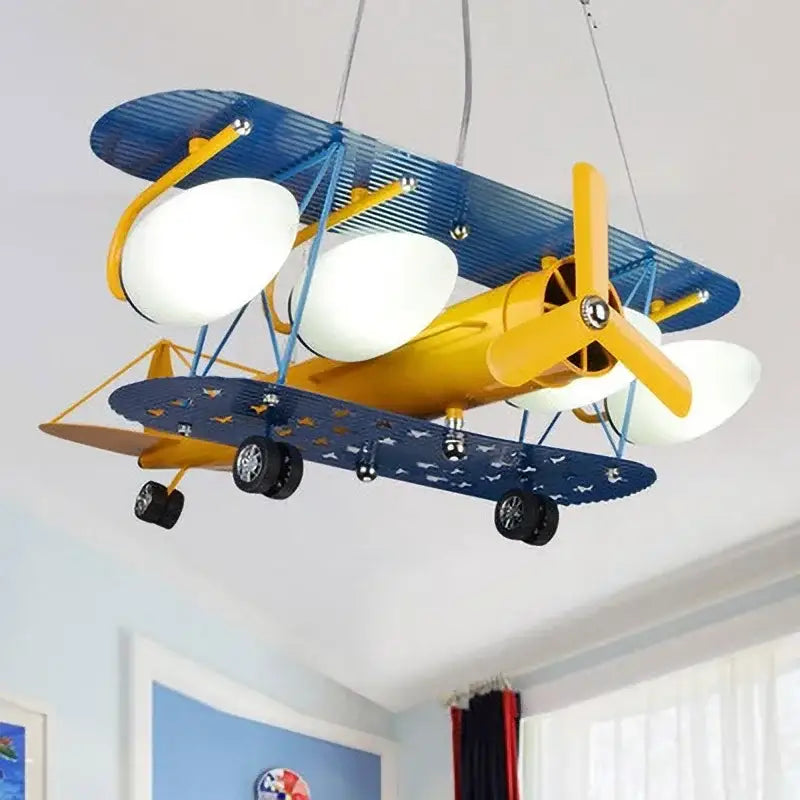 Yellow and blue biplane airplane chandelier led lights for boys bedroom