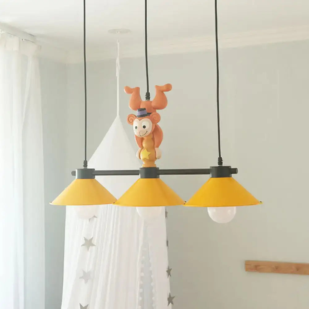 DecorBites™ 3-Head Yellow Cone Pendant Lamp with Monkey Décor for Island Lighting