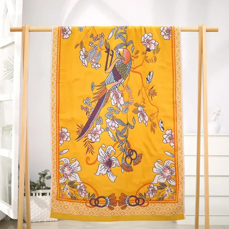 Yellow floral and bird cotton large bath towel bathroom decor