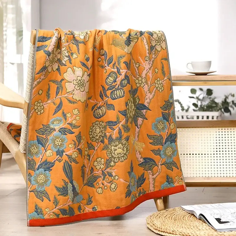 Yellow floral and bird cotton large bath towel bathroom decor