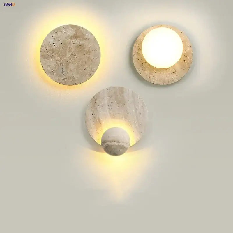 Yellow travertine circular led wall lights bedroom sconce set