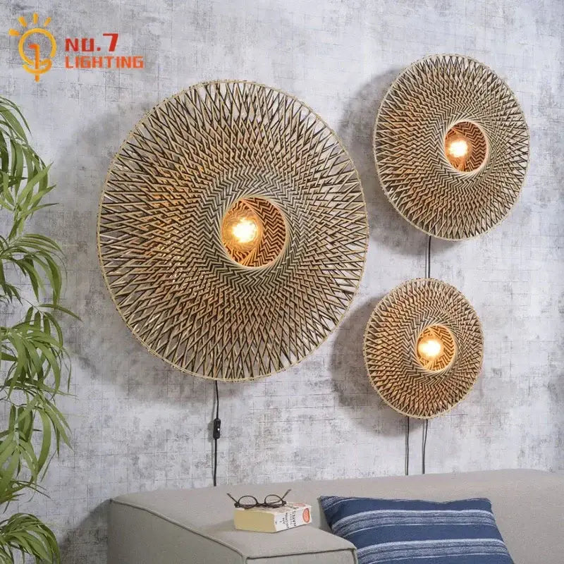 Zen natural bamboo weaving wall lamp for living room